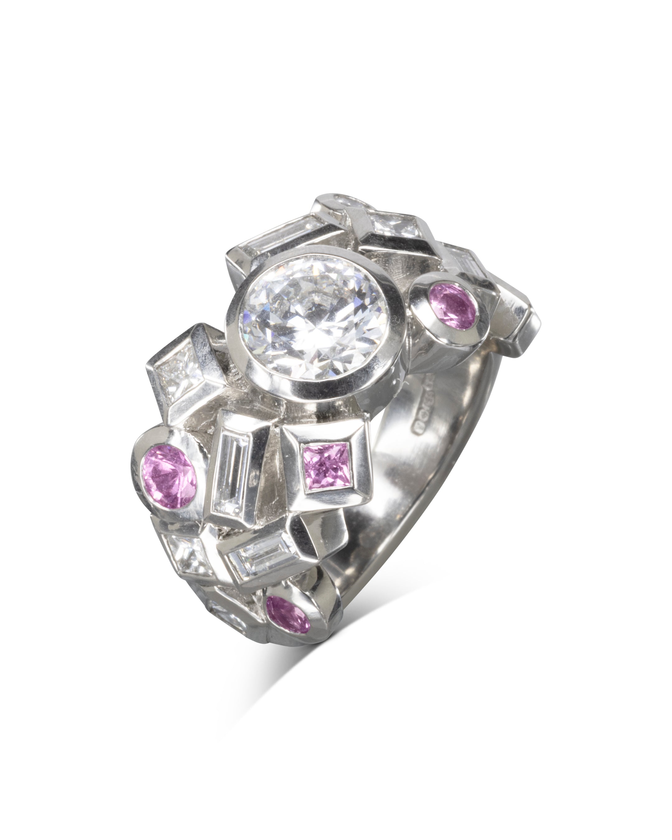 Water Bubbles Giant Rocky Diamond Eternity Ring Ring Pruden and Smith with Pink Sapphire