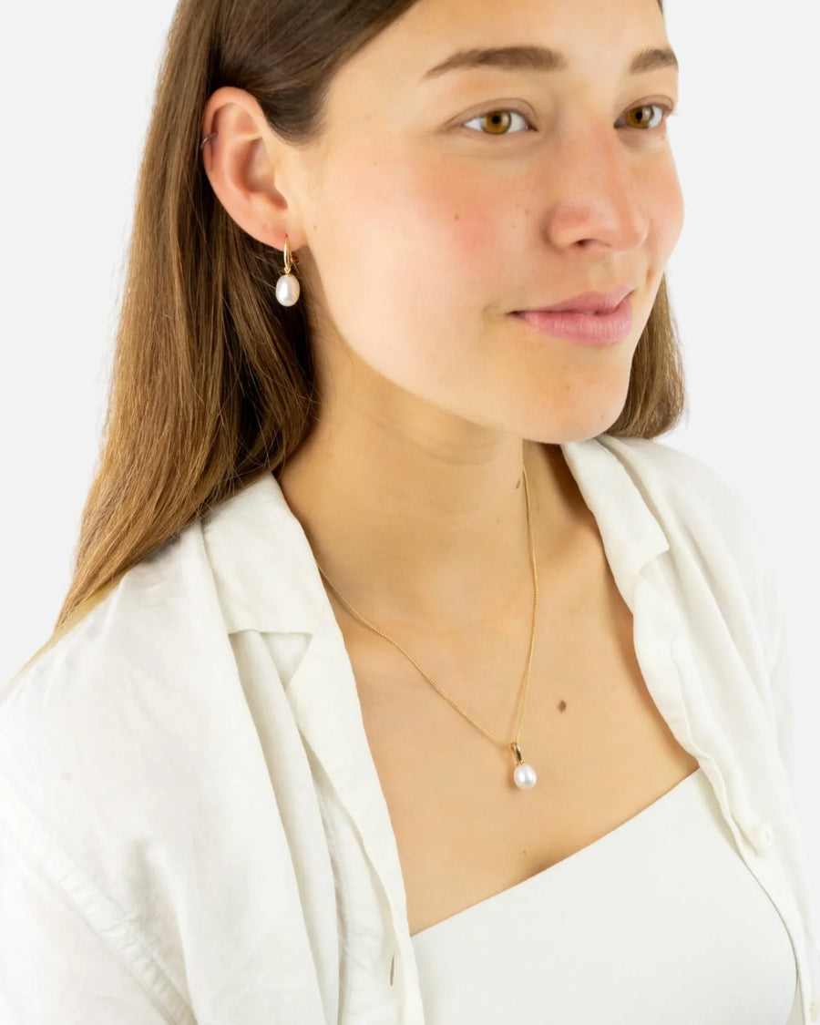 Gold Huggy Pearl Drop Earrings Earrings Pruden and Smith
