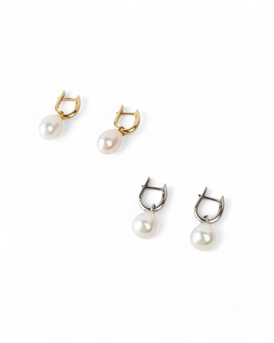Gold Huggy Pearl Drop Earrings Earrings Pruden and Smith