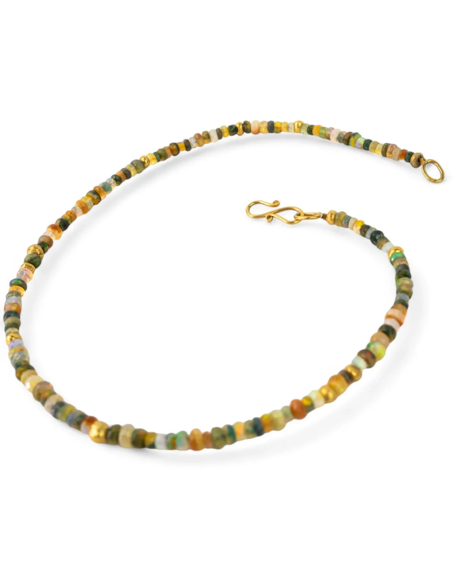 Handmade opal bead necklace with gold clasp and mixed earthy tones on white background
