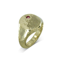 Hammered Yellow Gold Birthstone Signet Ring Ring Pruden and Smith   