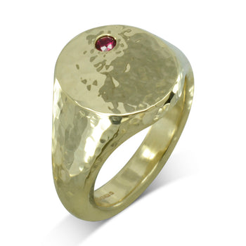 Hammered Yellow Gold Birthstone Signet Ring Ring Pruden and Smith   