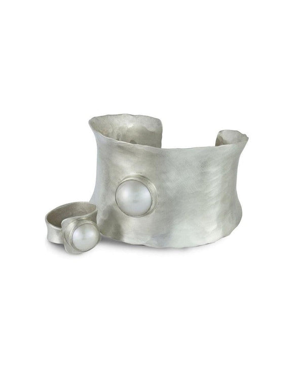Hammered Concave Mabe Pearl Cuff Bangle Bangle Pruden and Smith