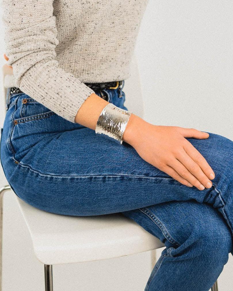 Hammered Concave Solid Silver Cuff Bangle (Wide) Bangle Pruden and Smith