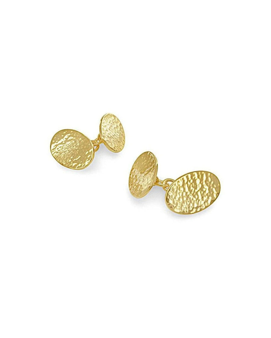 Oval cufflinks in 9ct yellow gold with a textured, hammered finish on a white background.