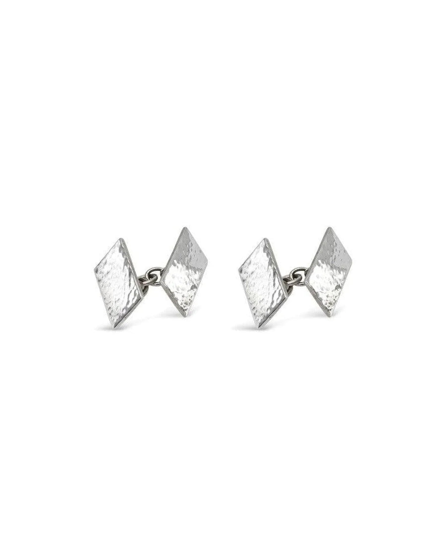 Silver rectangular cufflinks with a textured hammered finish on a white background.