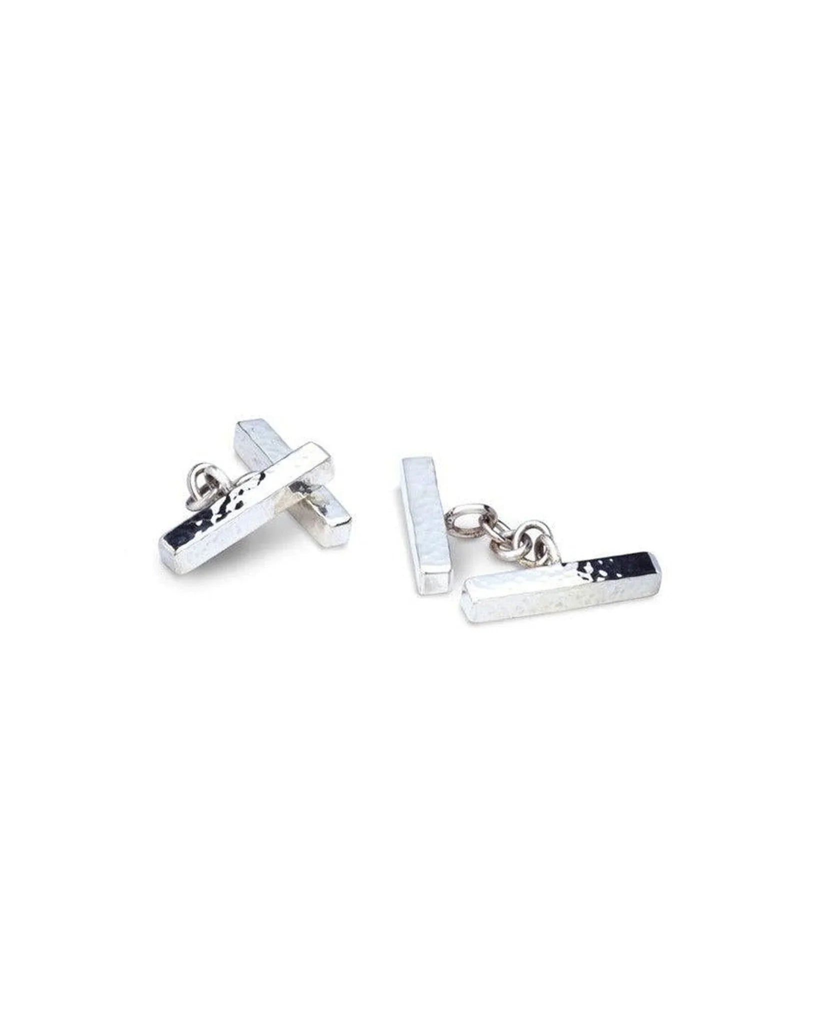 Silver square bar cufflinks with a textured hammered finish and a toggle closure.