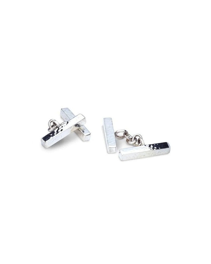 Silver square bar cufflinks with a textured hammered finish and a toggle closure.