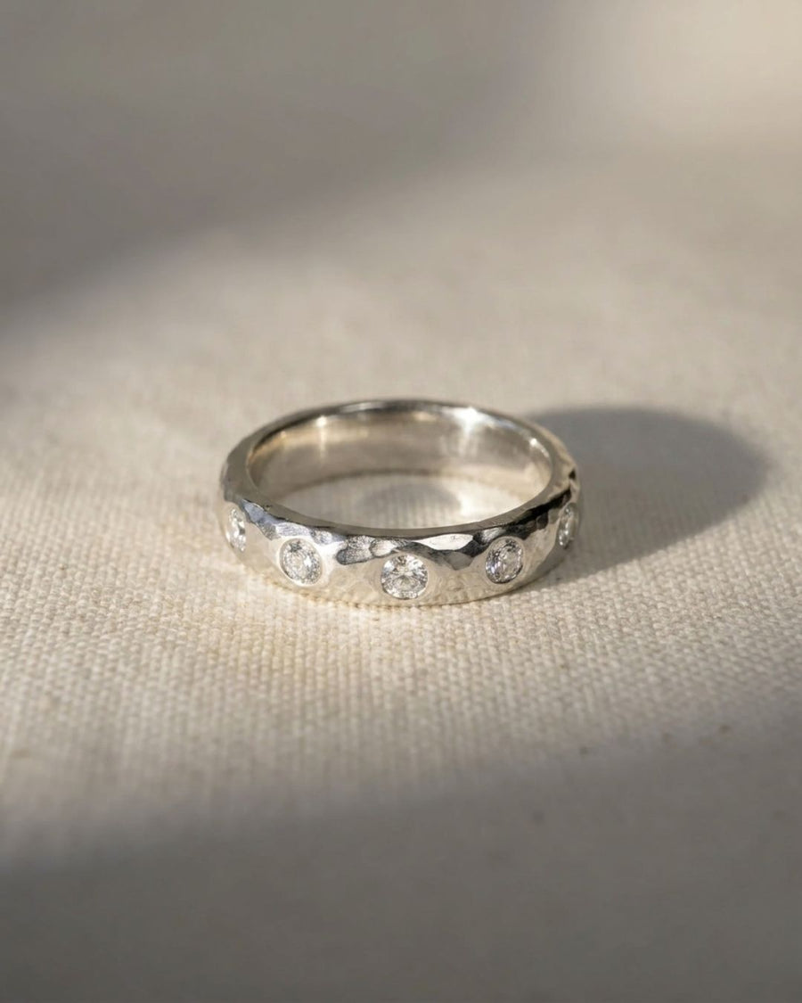 9ct white gold hammered diamond ring, 2mm wide.