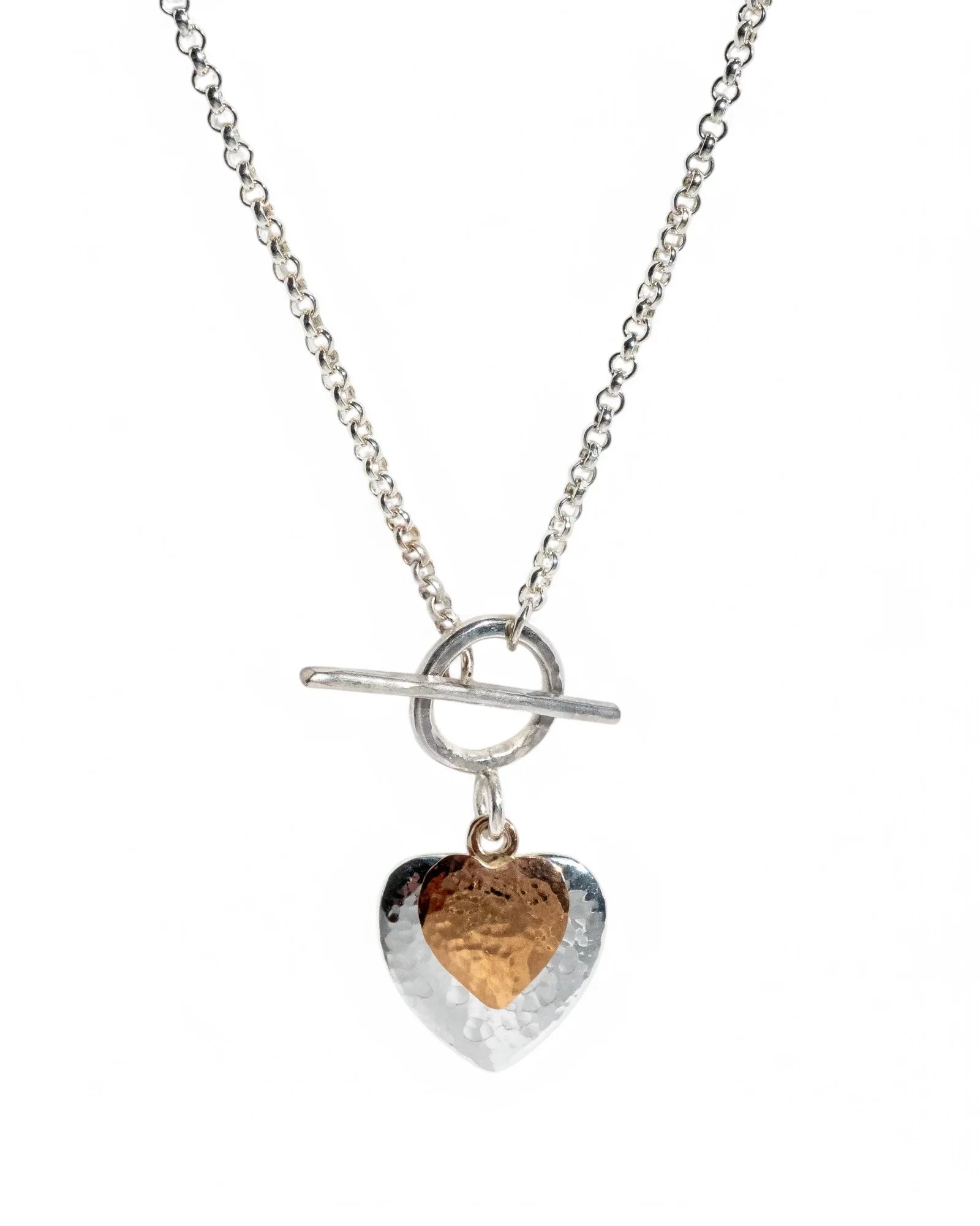 Silver chain necklace with hammered heart pendant and toggle clasp
