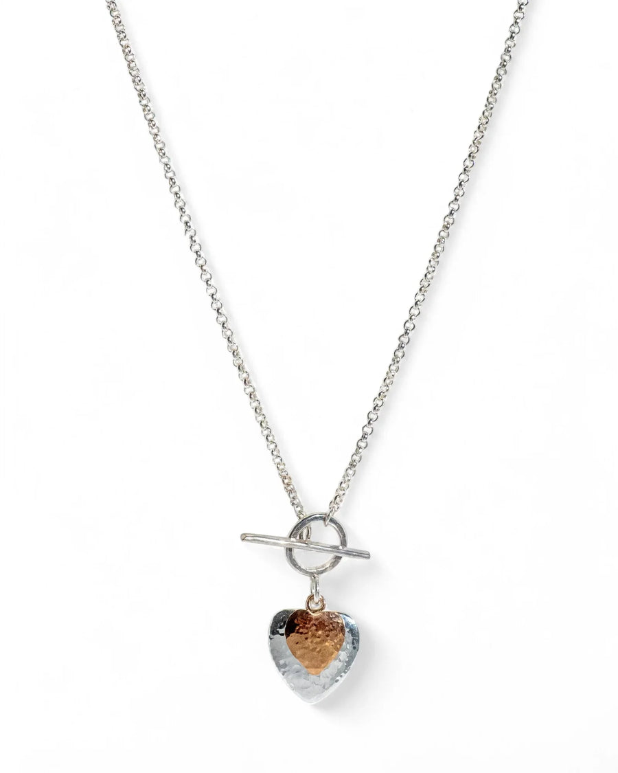 Handmade silver chain necklace with hammered heart pendant and toggle clasp