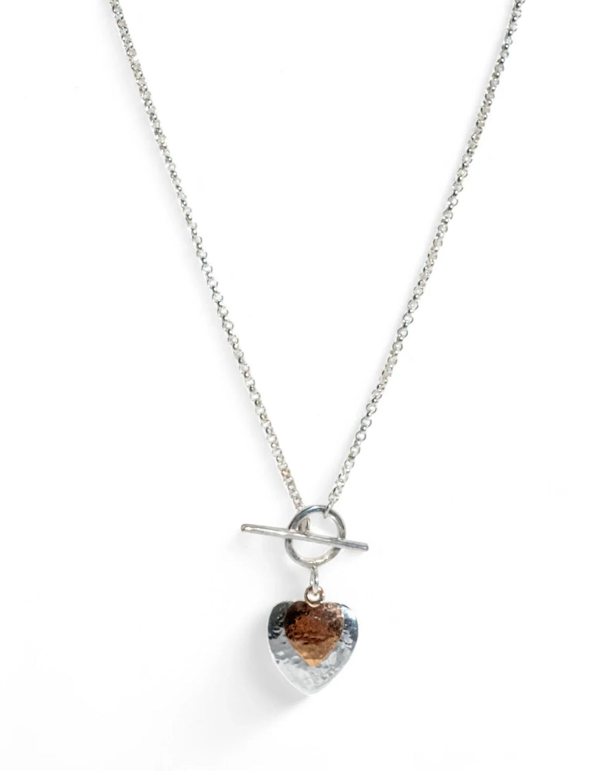 Handmade silver chain necklace with hammered heart pendant and toggle clasp