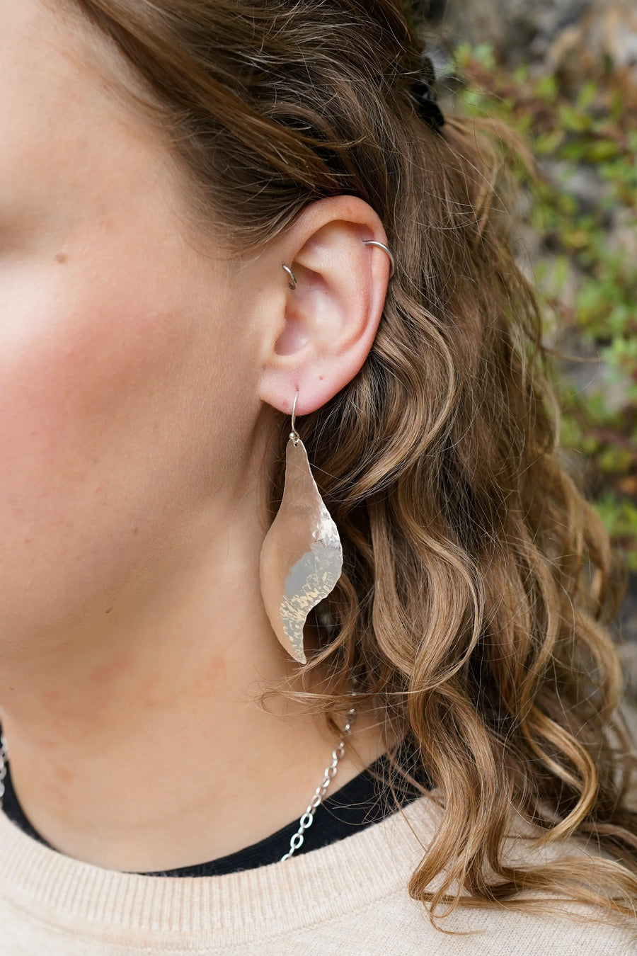 Hammered Giant Teardrop Drop Earrings Silver Pruden and Smith On Model