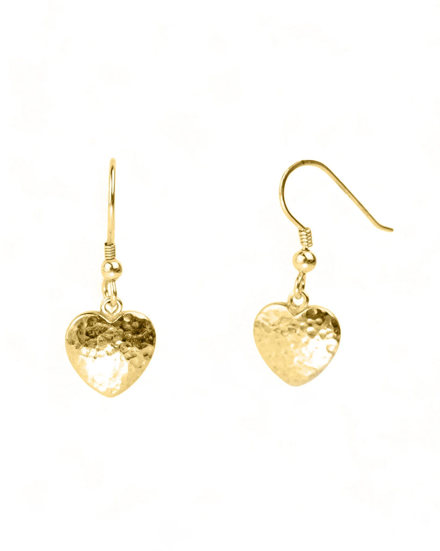 9ct yellow gold hammered heart drop earrings.
