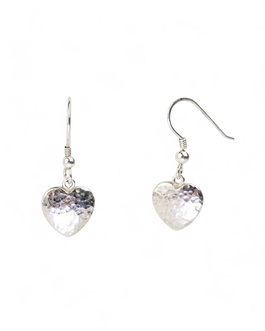 Silver hammered heart drop earrings.