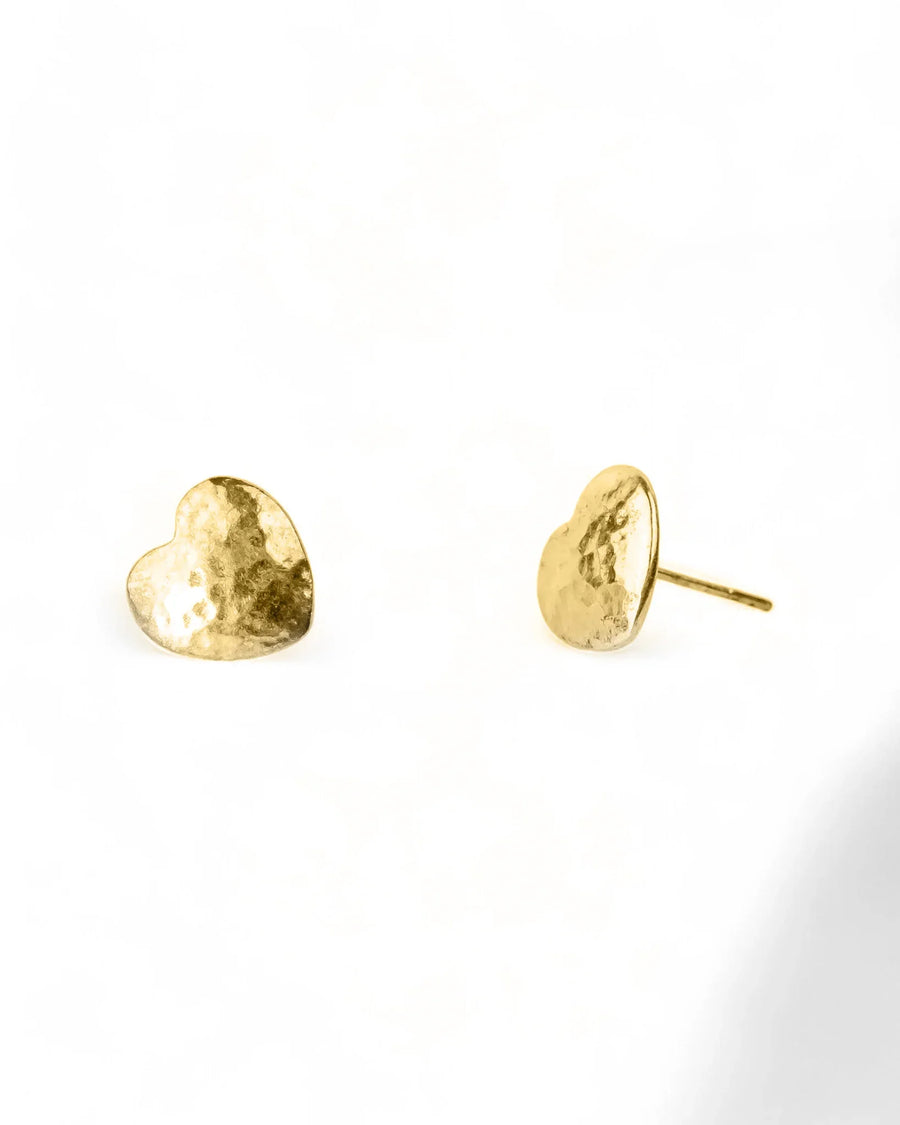 9ct yellow gold hammered heart stud earrings.