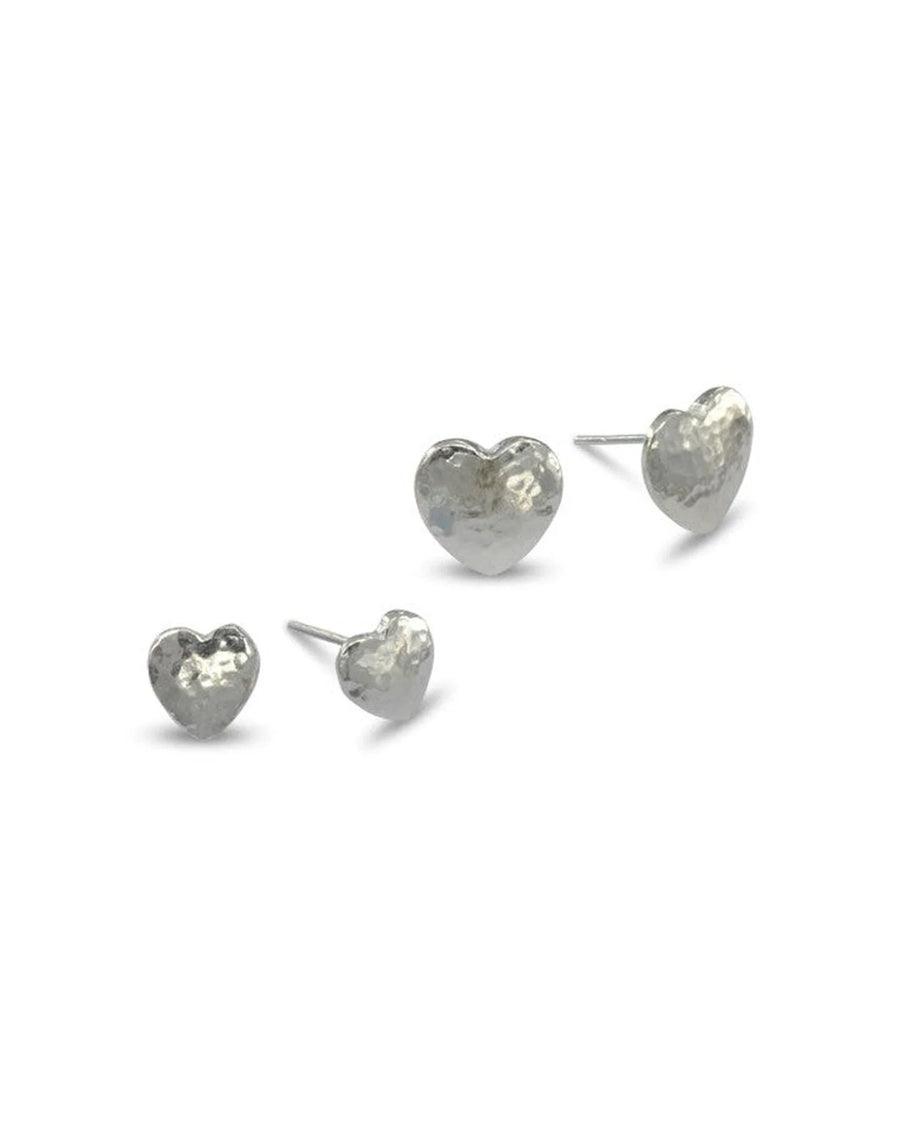 Silver hammered heart stud earrings, two sizes shown.