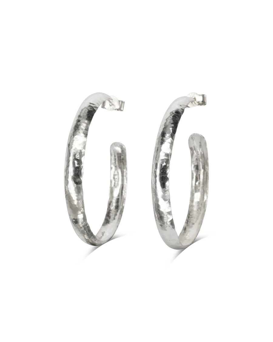 Handmade silver planished narrow hoop earrings with organic, hammered texture