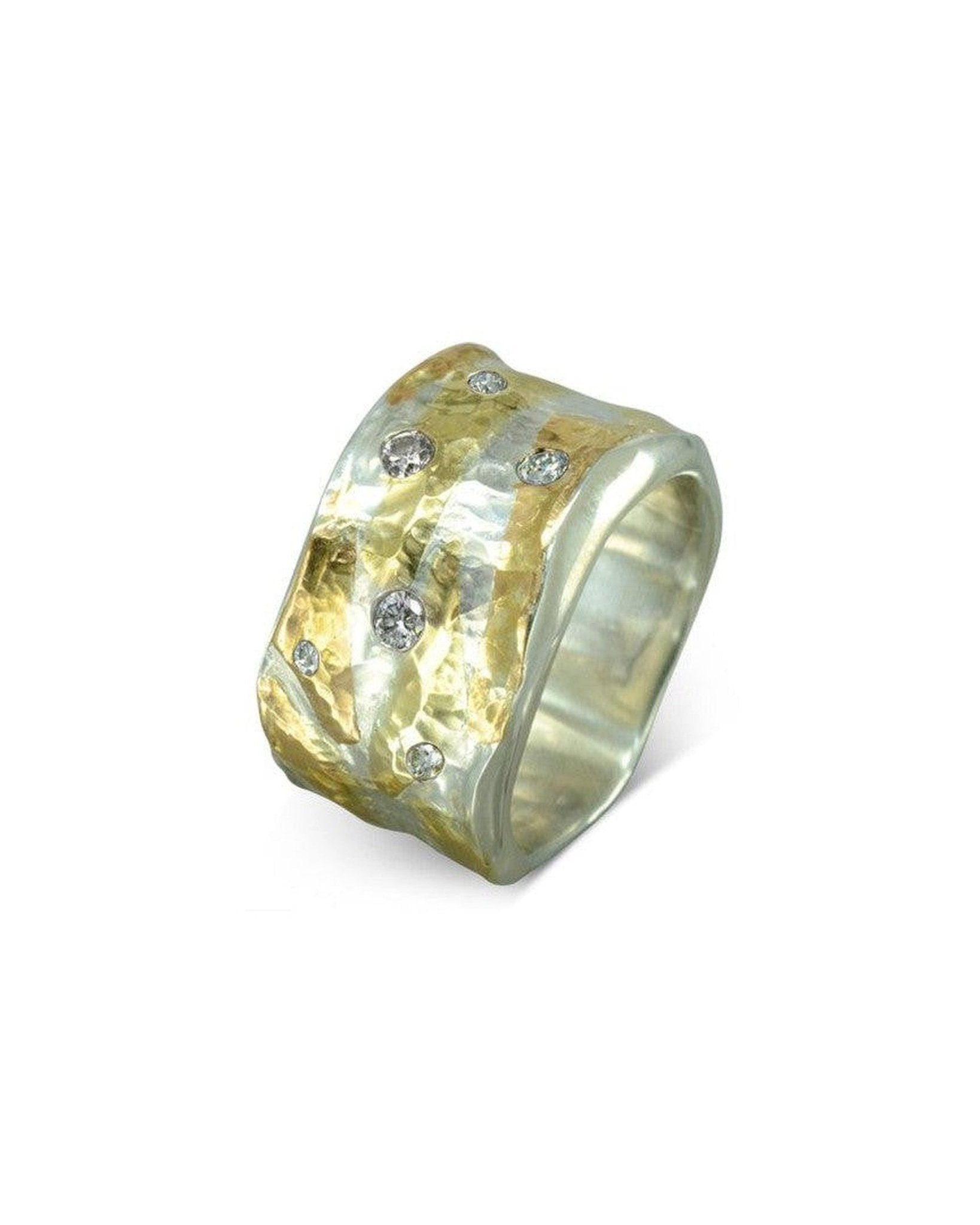 Bague en métal mixte martelé avec diamant (large)