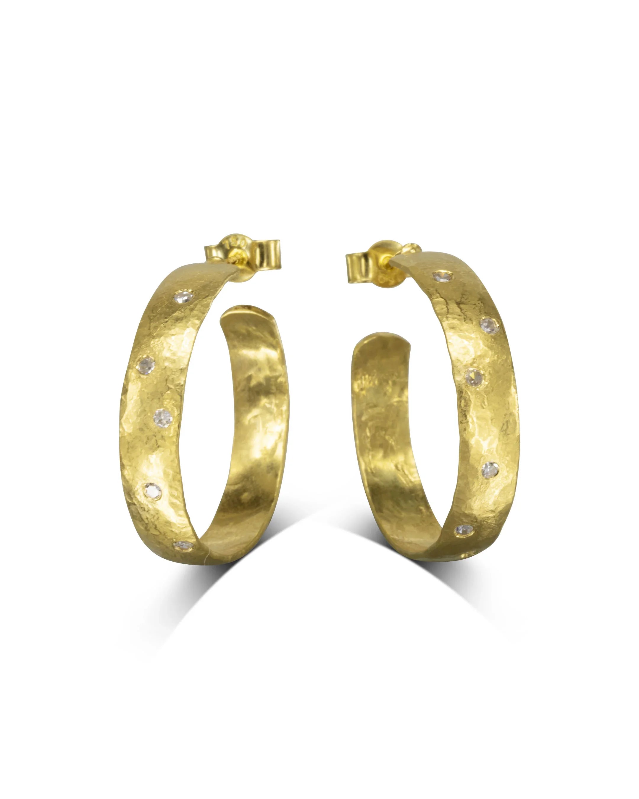 Hammered Rough 18ct Gold Diamond Hoop Earrings Pruden and Smith