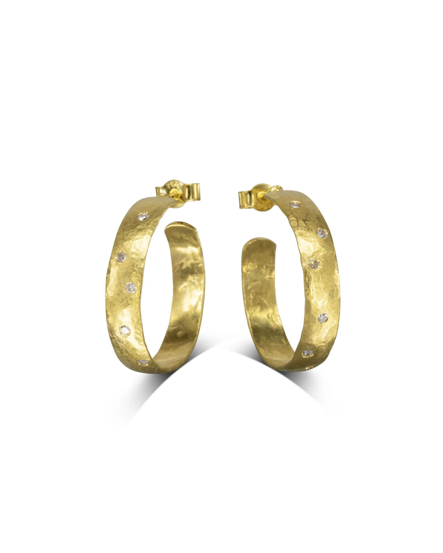 Unusual Hammered Rough Gold Diamond Hoop Earrings Pruden and Smith