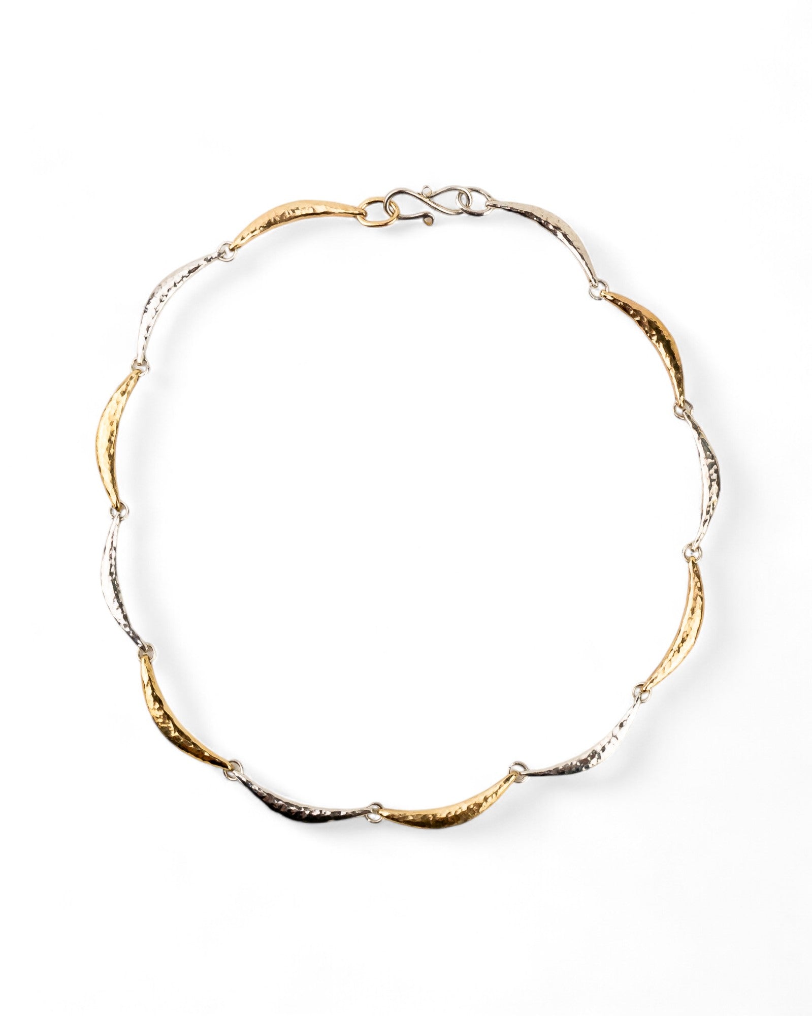 Hammered Silver and Gold Crescent Necklace Necklace Pruden and Smith