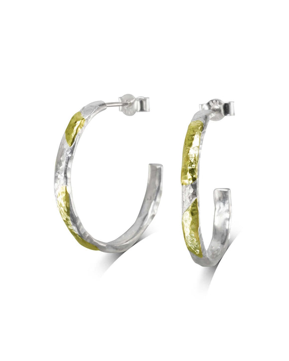 Hammered Silver and Gold Hoop Earrings - Narrow Earrings Pruden and Smith 27mm 3mm wide