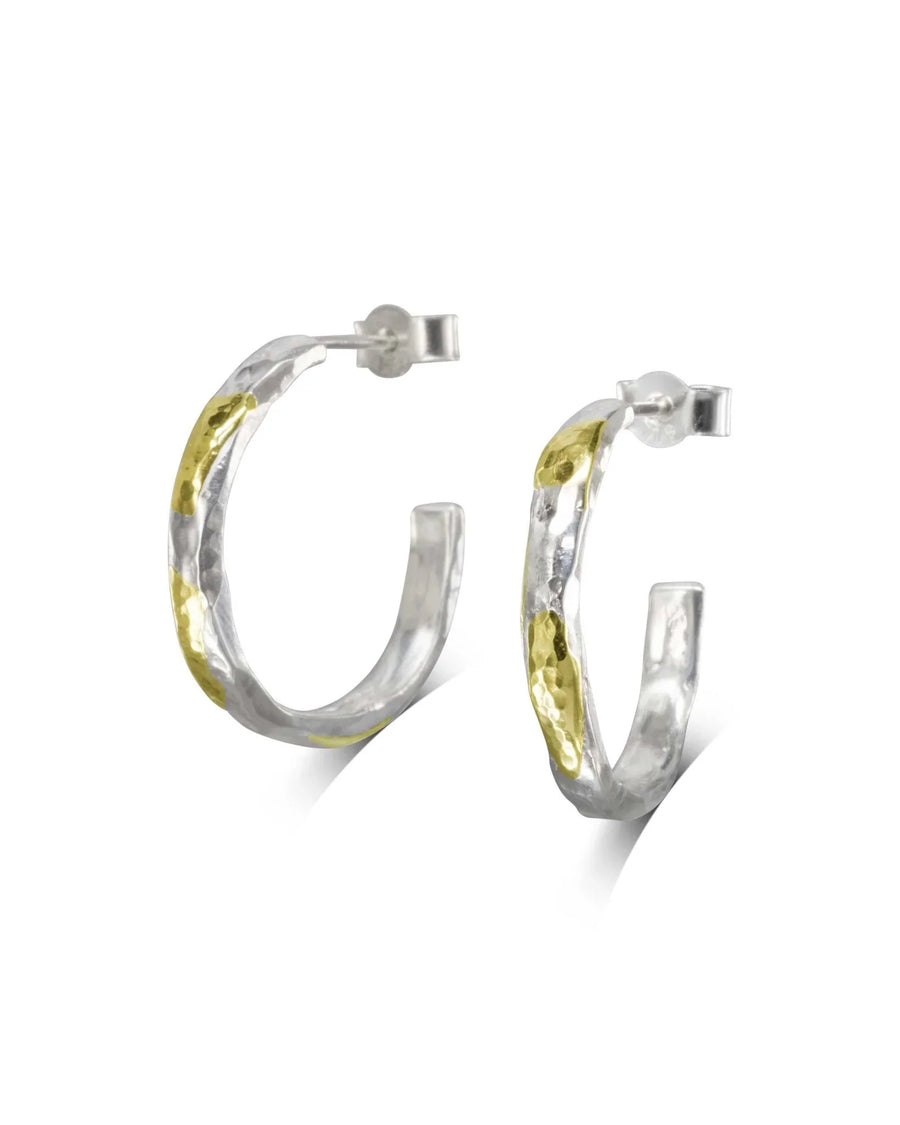 Hammered silver and 9ct yellow gold hoop earrings, 20mm.