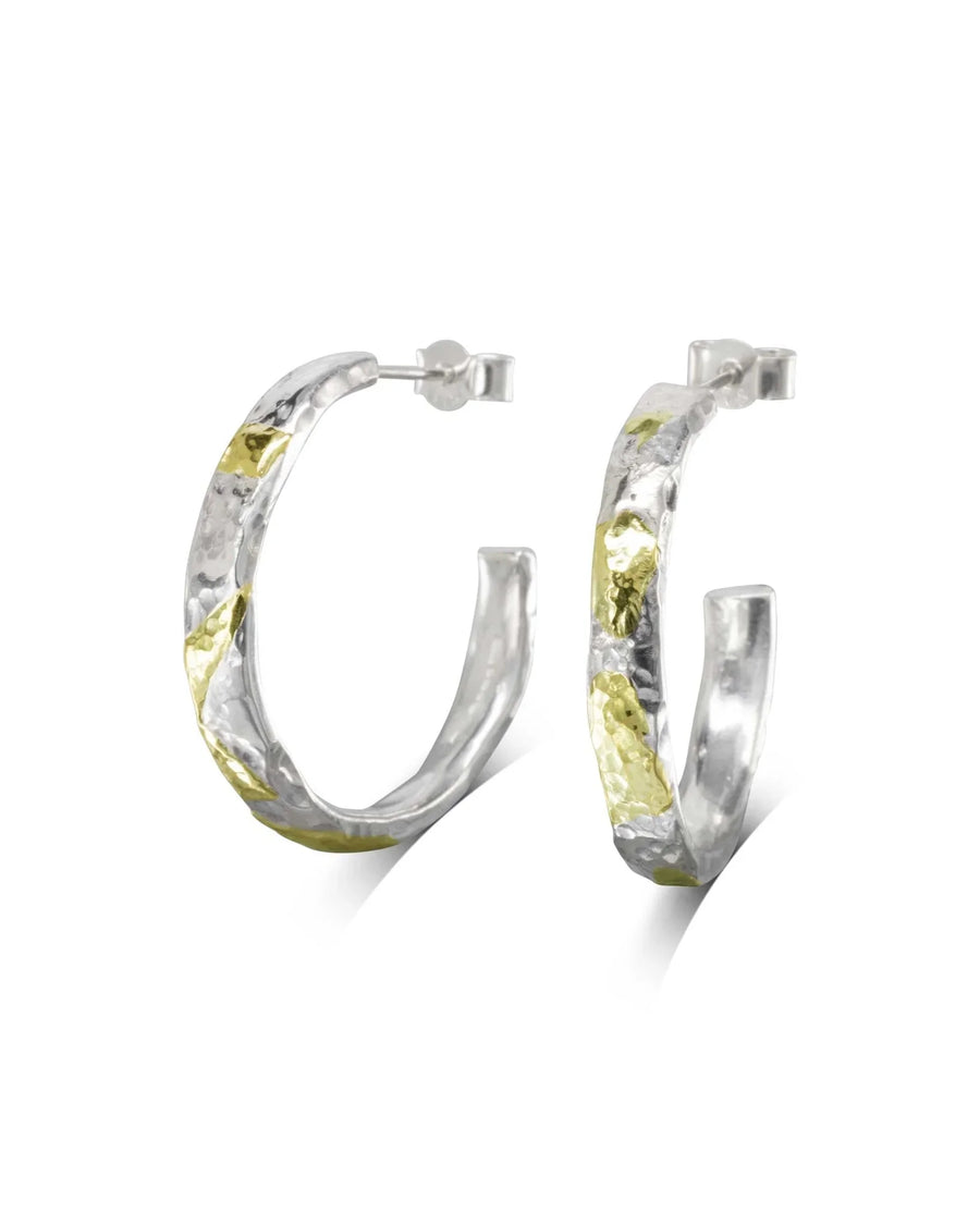 Hammered silver and 9ct yellow gold hoop earrings.
