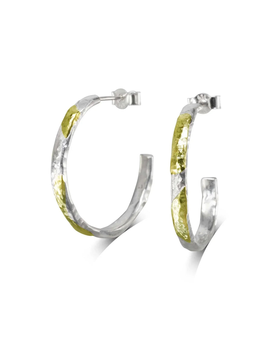 Hammered silver and 9ct yellow gold hoop earrings, 27mm, 2.5mm wide.