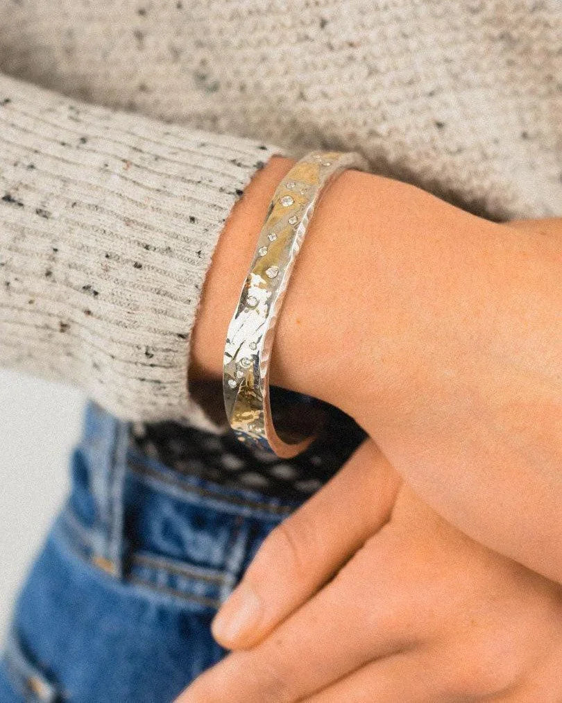 Hammered Silver and Yellow Gold Diamond Cuff Bangle Bangle Pruden and Smith