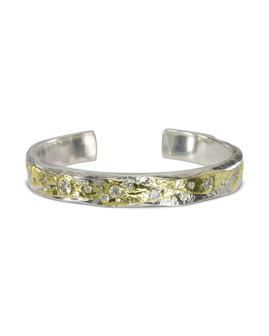 Hammered Silver and Yellow Gold Diamond Cuff Bangle (1.2cts) Pruden and Smith