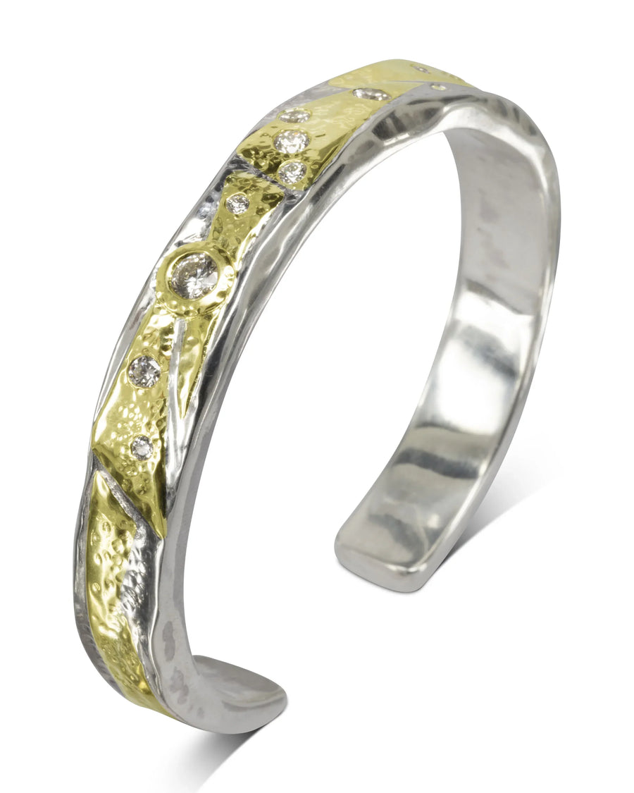 Unusual Hammered Silver and Yellow Gold Diamond Cuff Bangle (1.2cts) Pruden and Smith