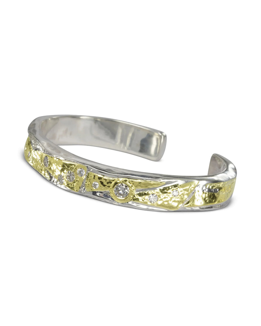 Handmade Hammered Silver and Yellow Gold Diamond Cuff Bangle (1.2cts) Pruden and Smith