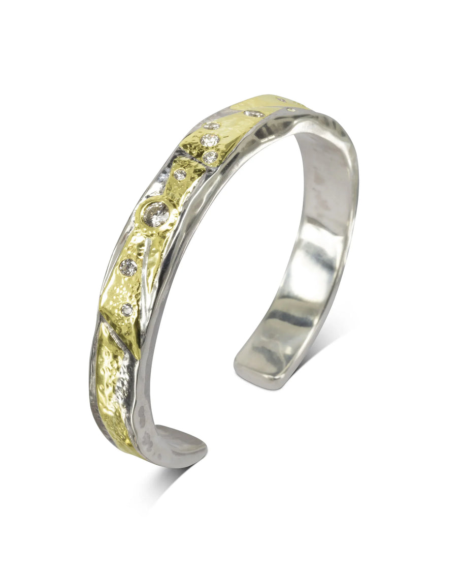 Unique Hammered Silver and Yellow Gold Diamond Cuff Bangle (1.2cts) Pruden and Smith