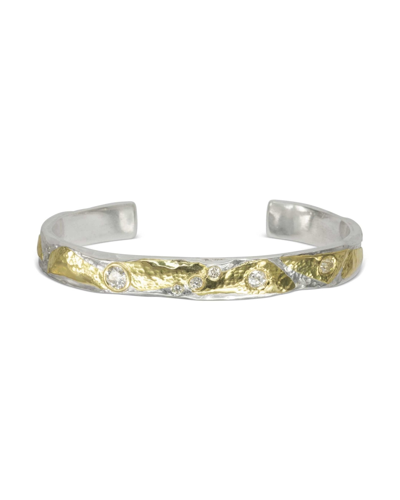 Hammered Silver and Yellow Gold Diamond Cuff Bangle Bangle Pruden and Smith 1.25cts GIA certified 0.3ct Diamond and 12 Smaller