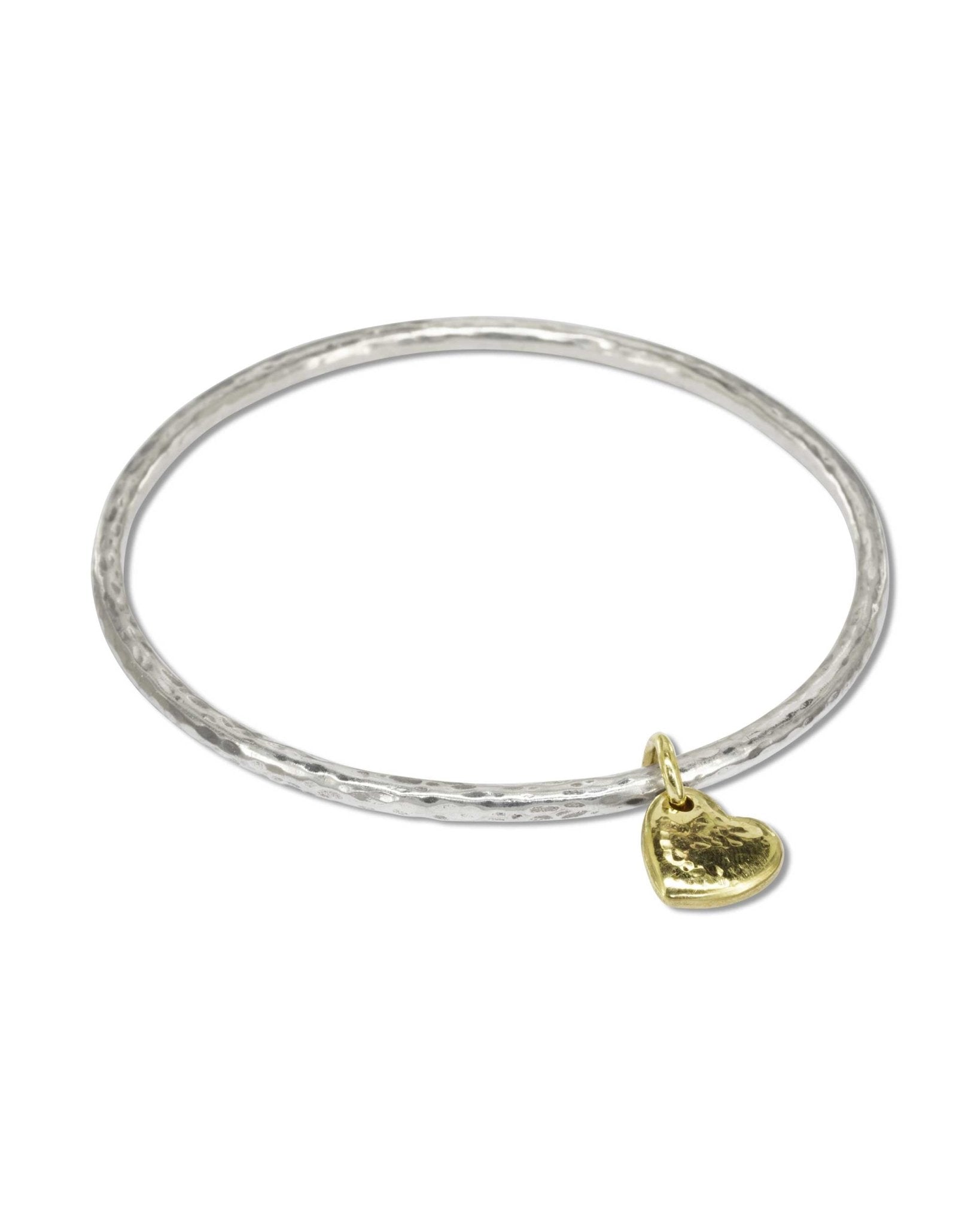 Hammered Silver Bangle with Solid Gold Heart Bangle Pruden and Smith