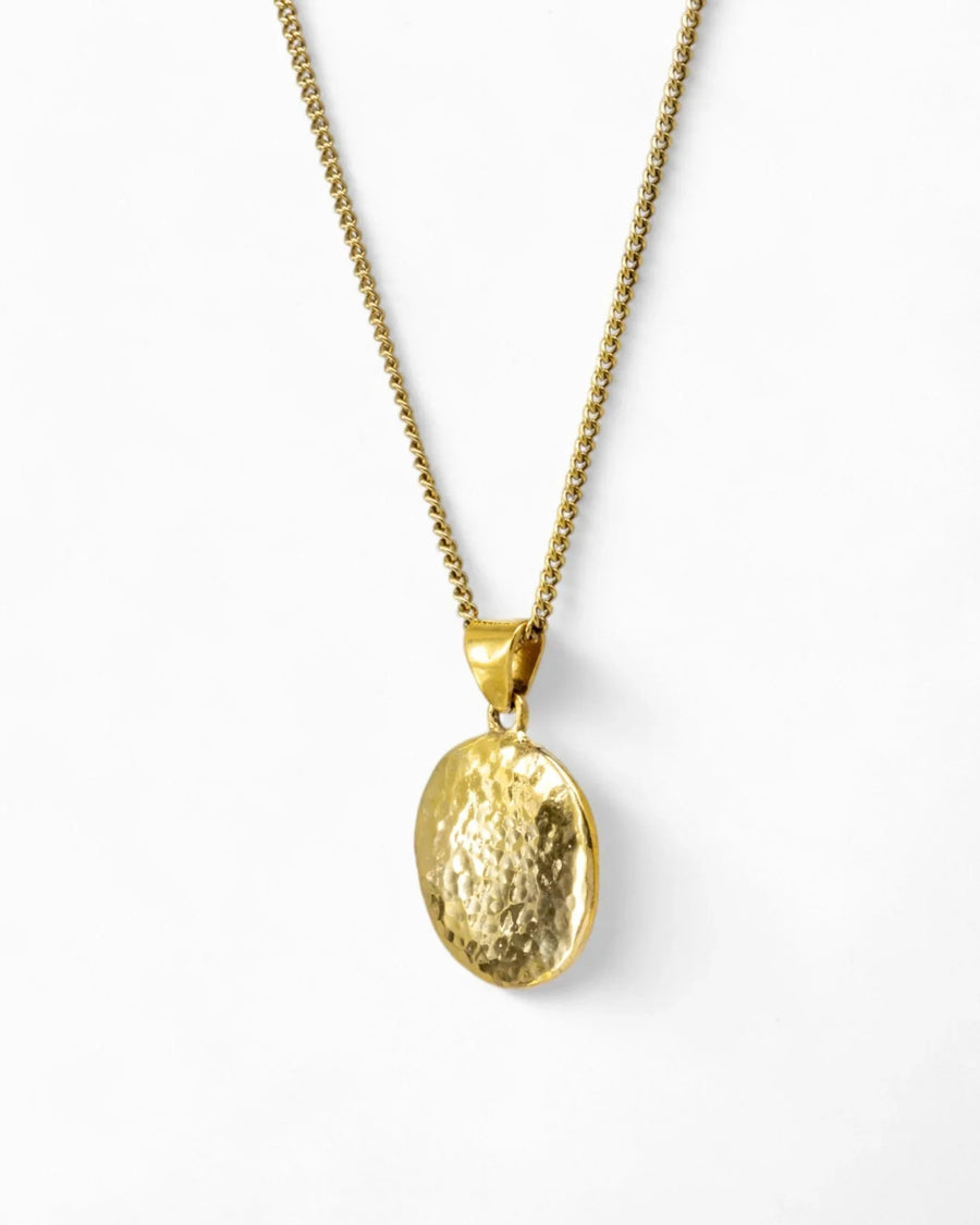 Hammered solid 9ct yellow gold coin pendant necklace with textured finish on white background