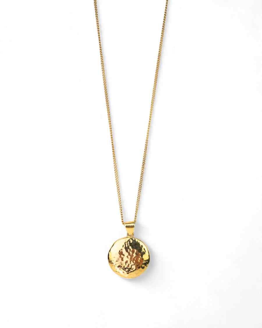 Hammered solid 9ct yellow gold coin pendant necklace with organic, textured finish