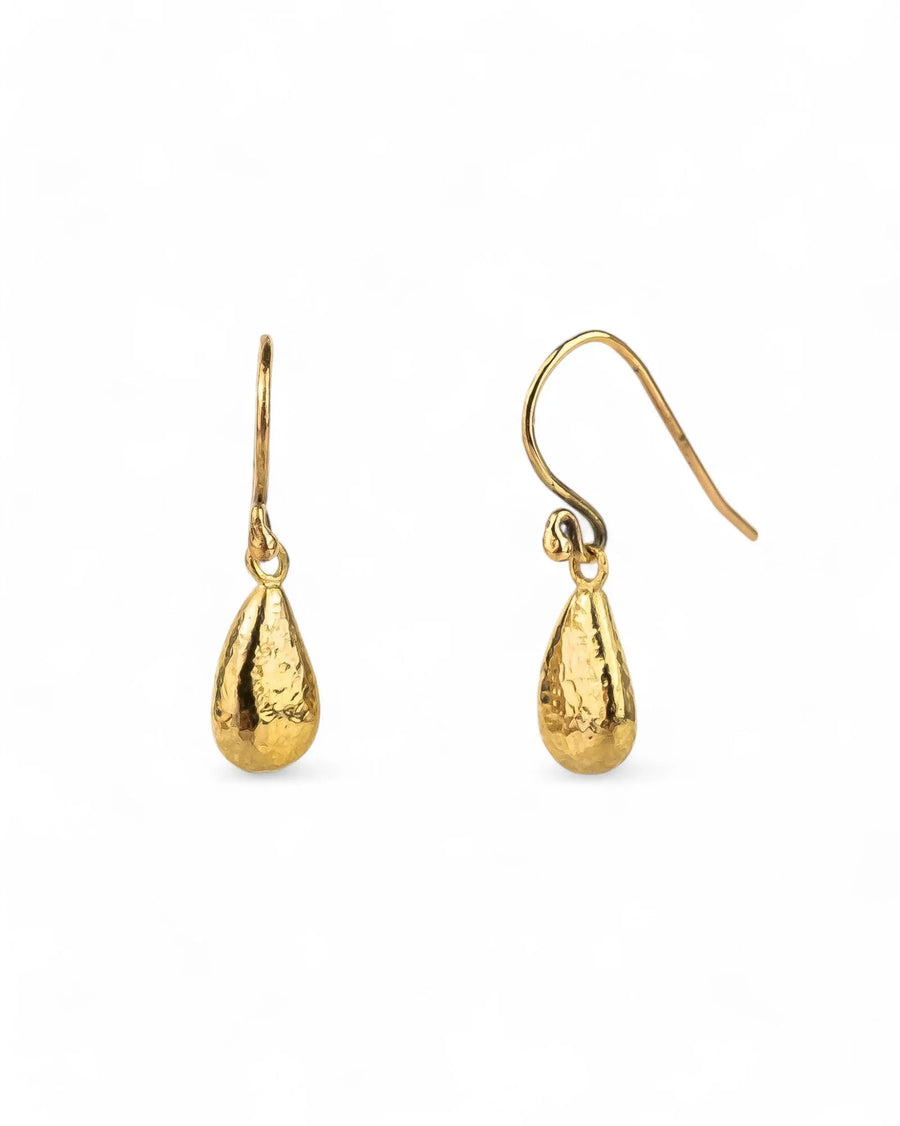 Hammered teardrop 9ct yellow gold drop earrings with organic textured finish