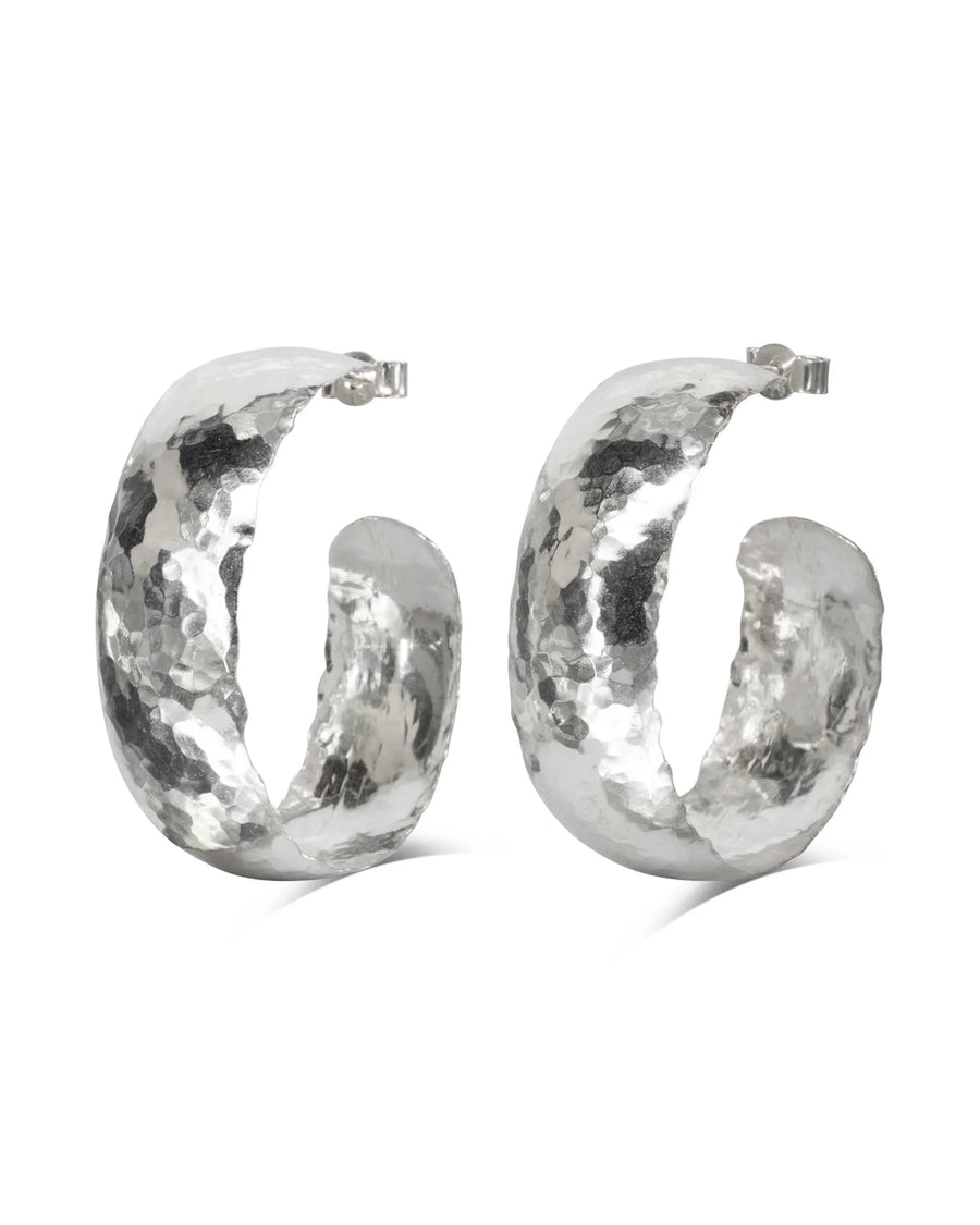 Hammered Wide Hoop Earrings - Silver - 30mm Pruden and Smith