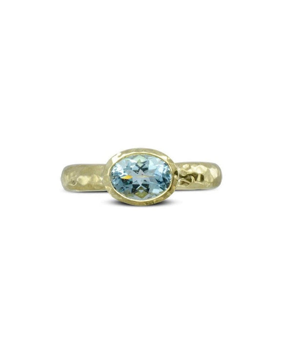 Hammered Yellow Gold Oval Aquamarine Ring Ring Pruden and Smith