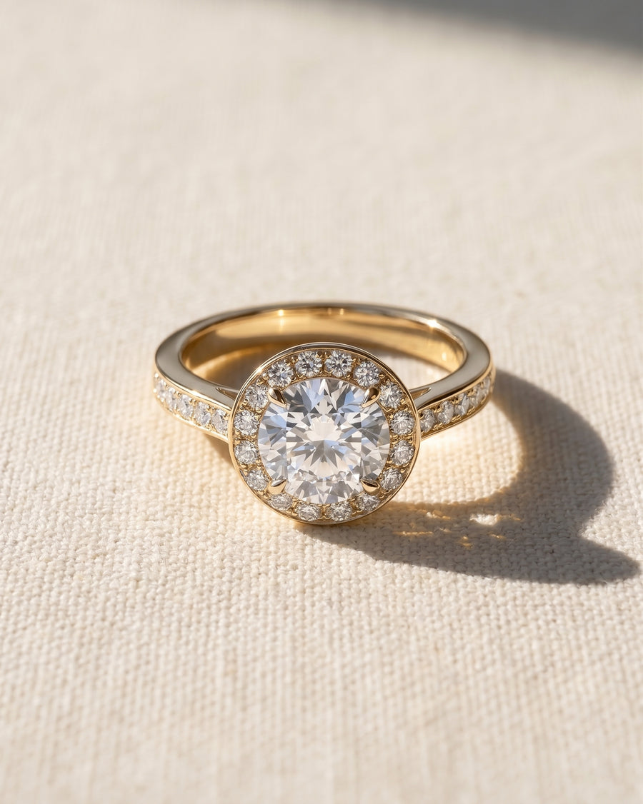 18ct yellow gold engagement ring with a round diamond cluster and set diamonds.