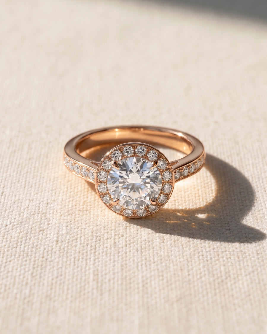 Rose gold engagement ring with a round diamond cluster.