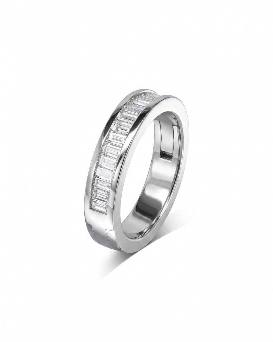 Platinum hinged baguette diamond eternity ring.