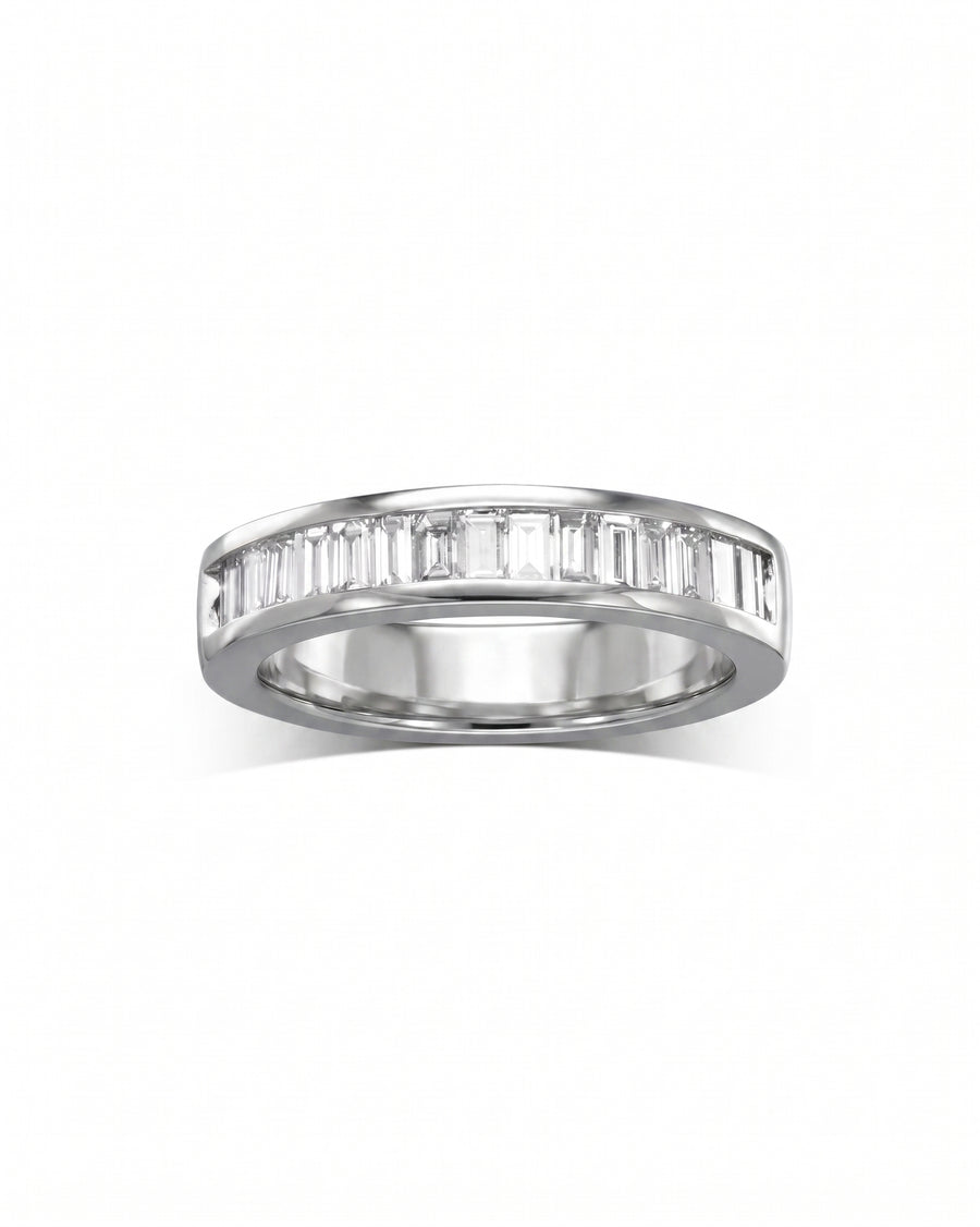 Platinum eternity ring with hinged baguette diamonds.