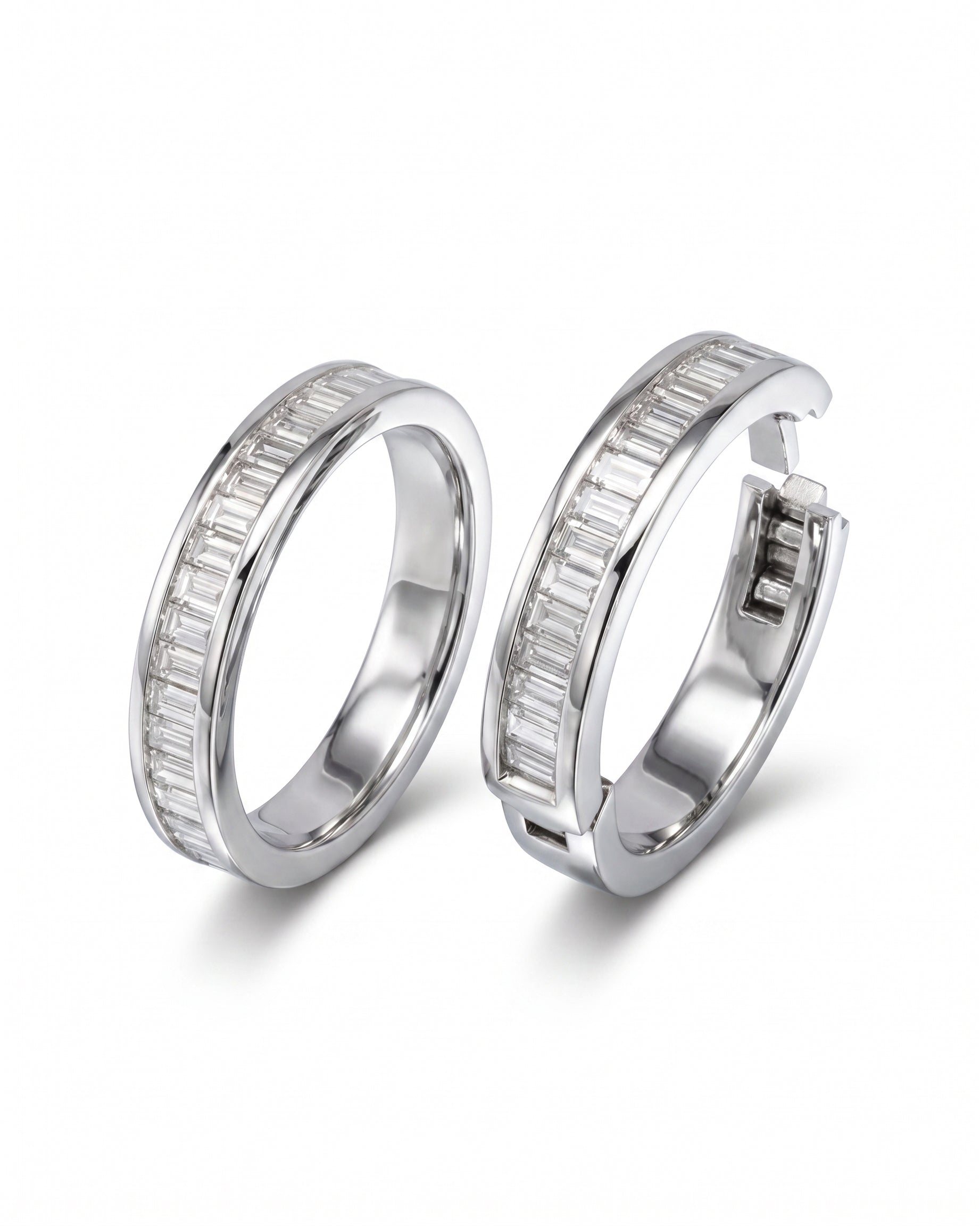 Platinum hinged baguette diamond eternity ring.