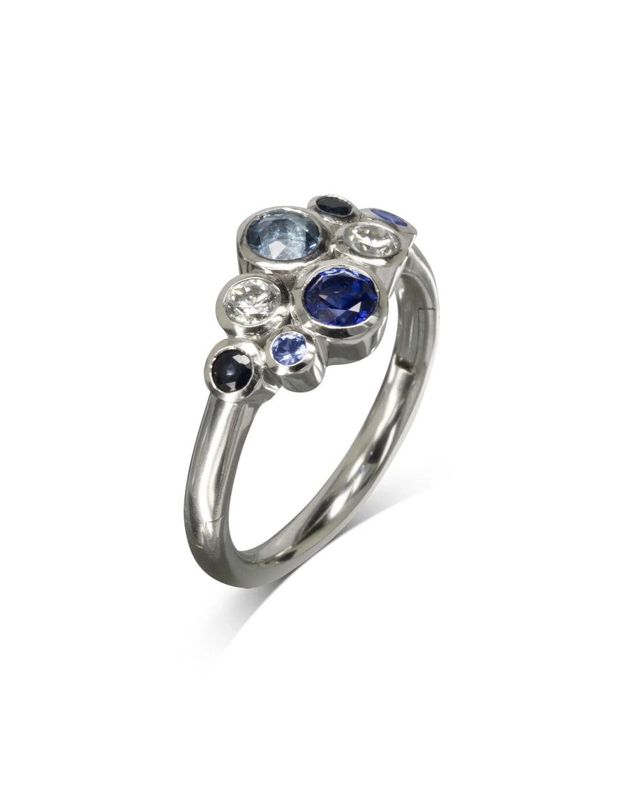 Unusual Hinged Bubbles Sapphire and Diamond Platinum Cluster Ring Pruden and Smith
