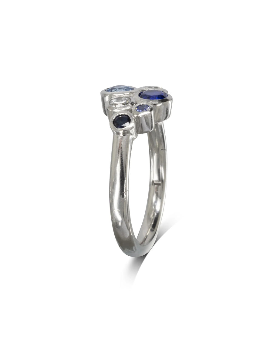 Side View Hinged Bubbles Sapphire and Diamond Platinum Cluster Ring Pruden and Smith