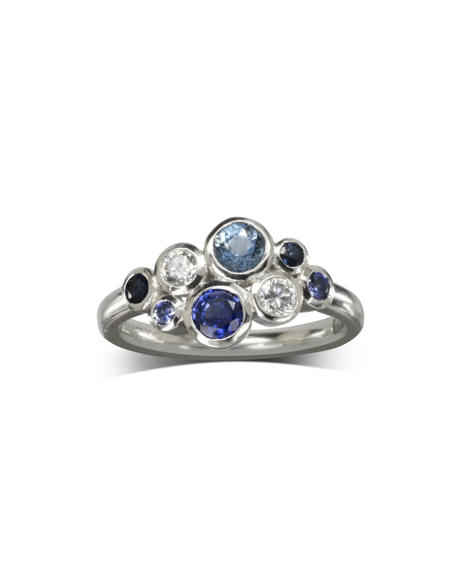 Unique Hinged Bubbles Sapphire and Diamond Platinum Cluster Ring Pruden and Smith